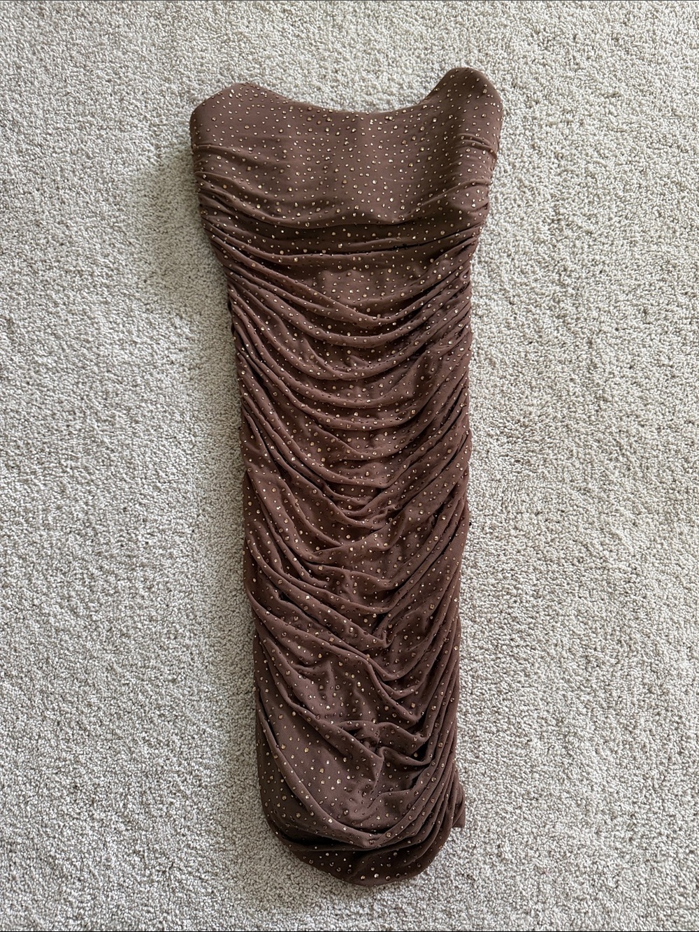 Brown Strapless Ruched Dress with Gemstones